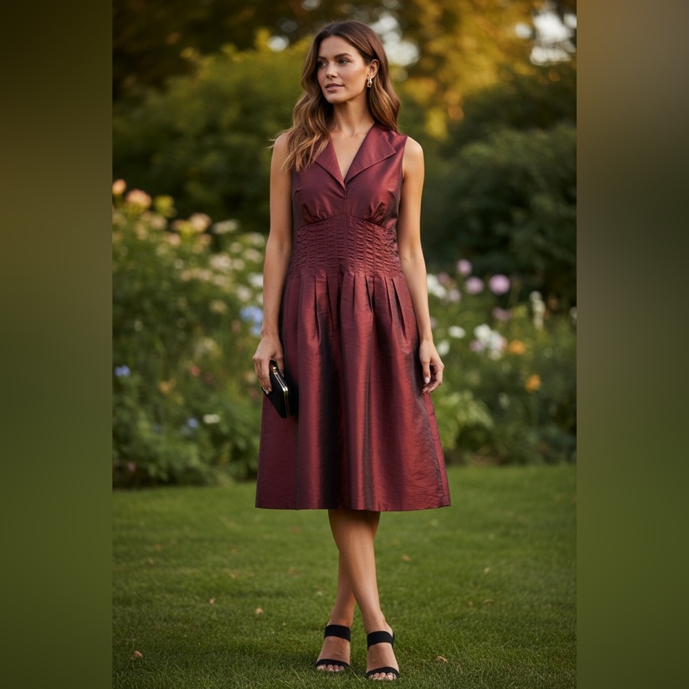 London Times Shimmering Taffeta‎ Fit Flare Party Formal Dress 14 Wine Burgundy